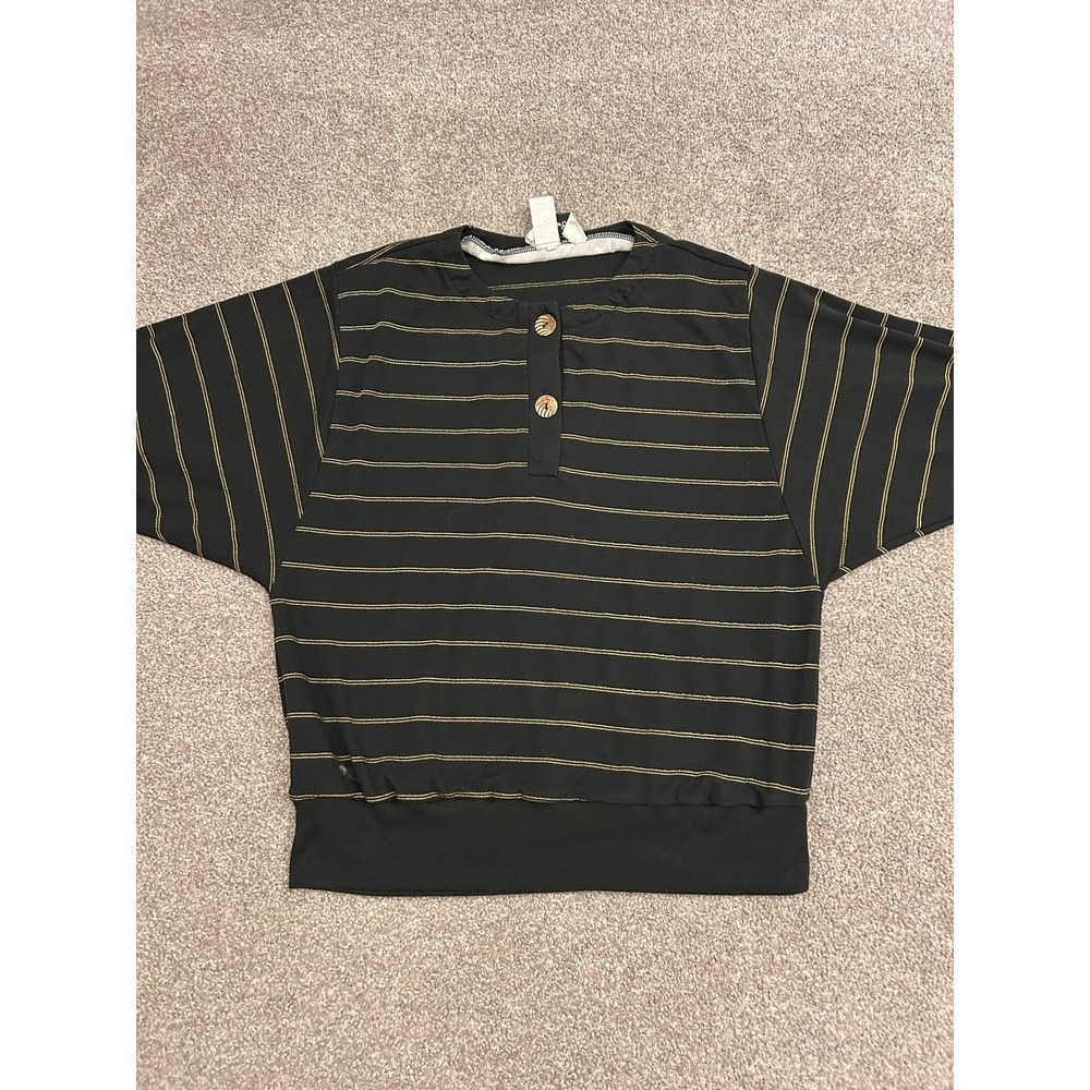 80s Carriage Court Henley Top Womens S Black Gold Metallic Vintage Excellent